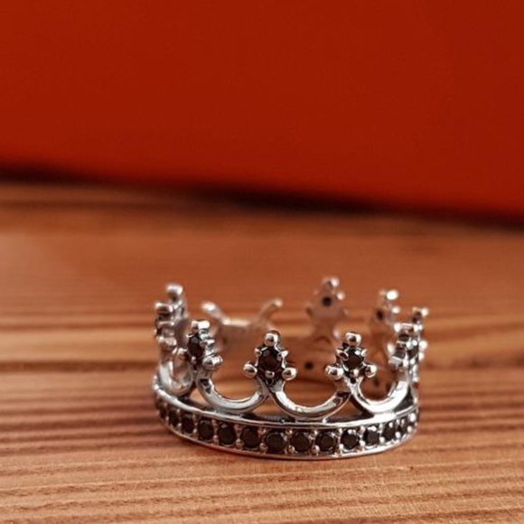 crown tiara sterling silver ring black zircon sz 6